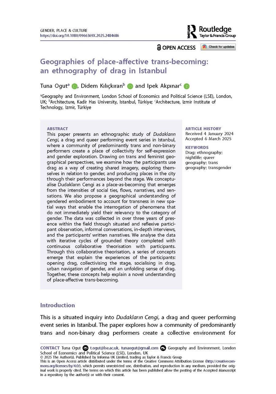 First page of the article 'Geographies of place-affective trans-becoming: an ethnography of drag in Istanbul' published in Gender, Place & Culture (2025)